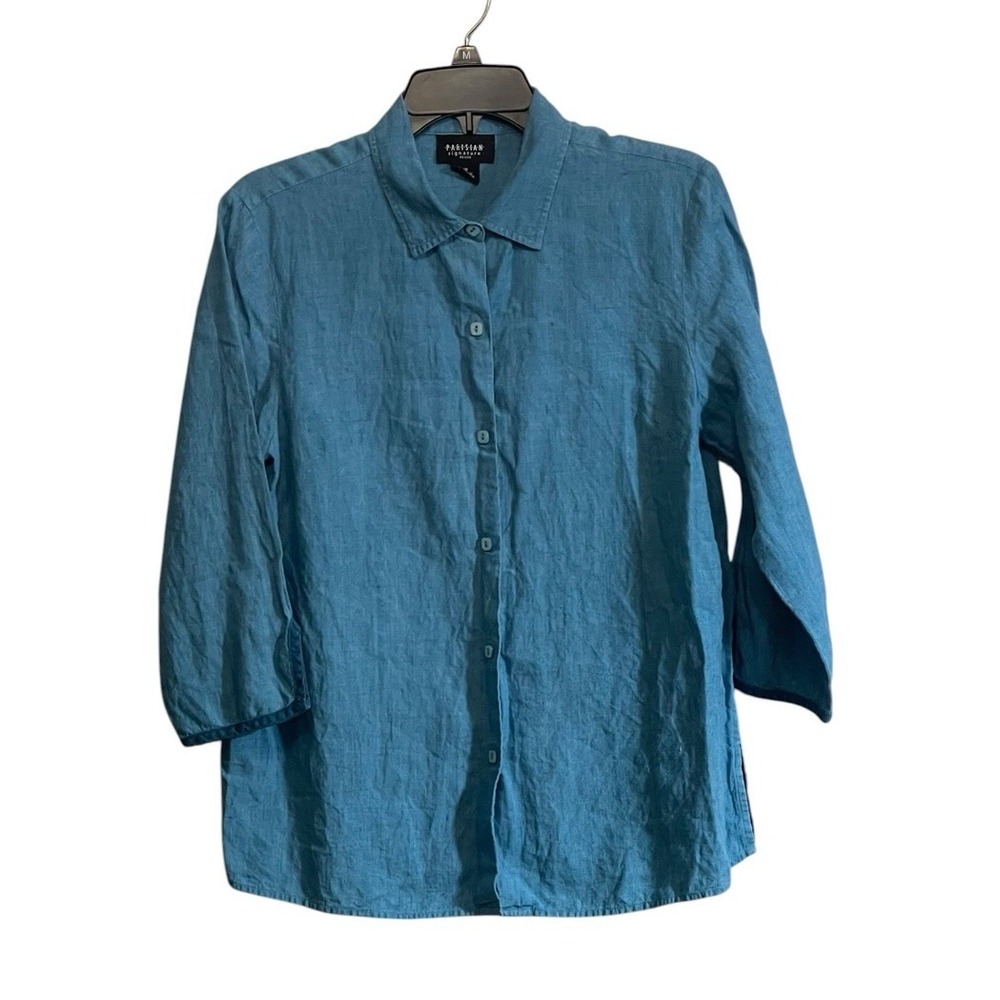 Parisian Signature 100% Linen Shirt Sz 10P Button Front Blue Casual Lagenlook